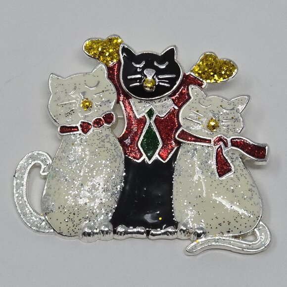 Festive Christmas Cat Choir Brooch Red Green Glitter Enamel Pin - Picture 2 of 7
